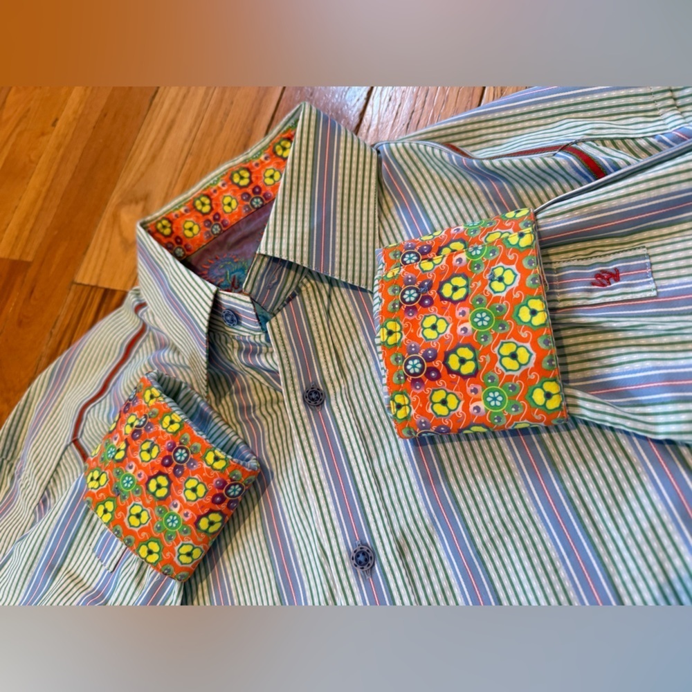 Robert Graham Floral Flip Cuff Button Down Shirt Men's Size Large Vert Stripe - Picture 2 of 14